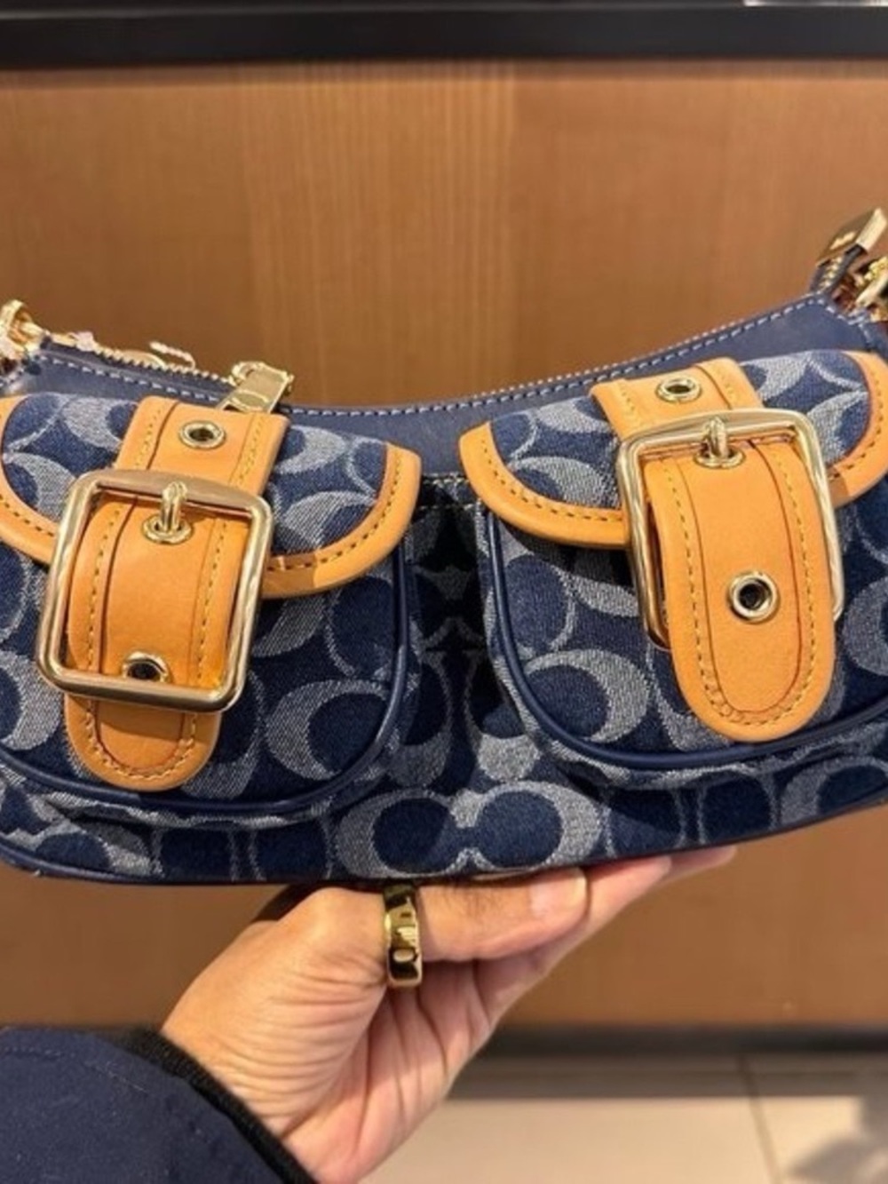 Coach Navy and Tan Shoulder Bag